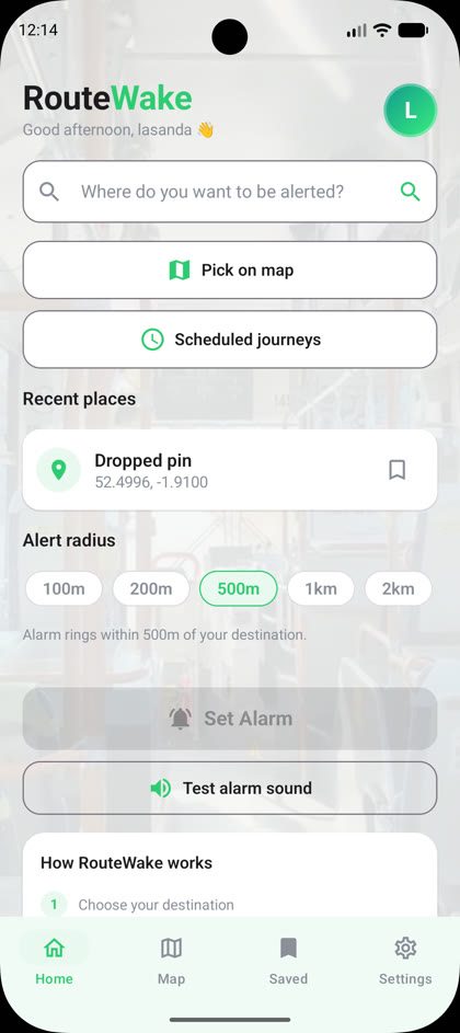 The RouteWake home screen on an Android phone