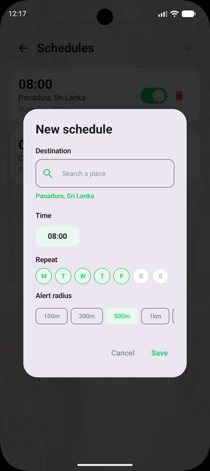 RouteWake scheduled journeys screen